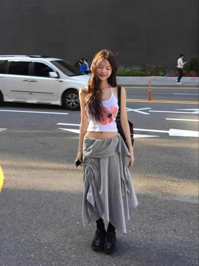 Retro Floral Print ter Top plus Slimming Pleated  Skirt Set Women's Summer Polyester Fiber Versatile Print ter Ne...