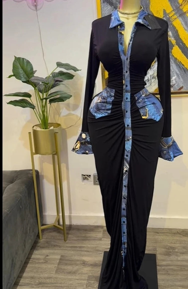 GLCMYAYA Women Denim Print Flare Long Sleeve Single Breasted Ruched Bodycon Maxi Long Dress 2025 Vacation Party Birthday Dresses