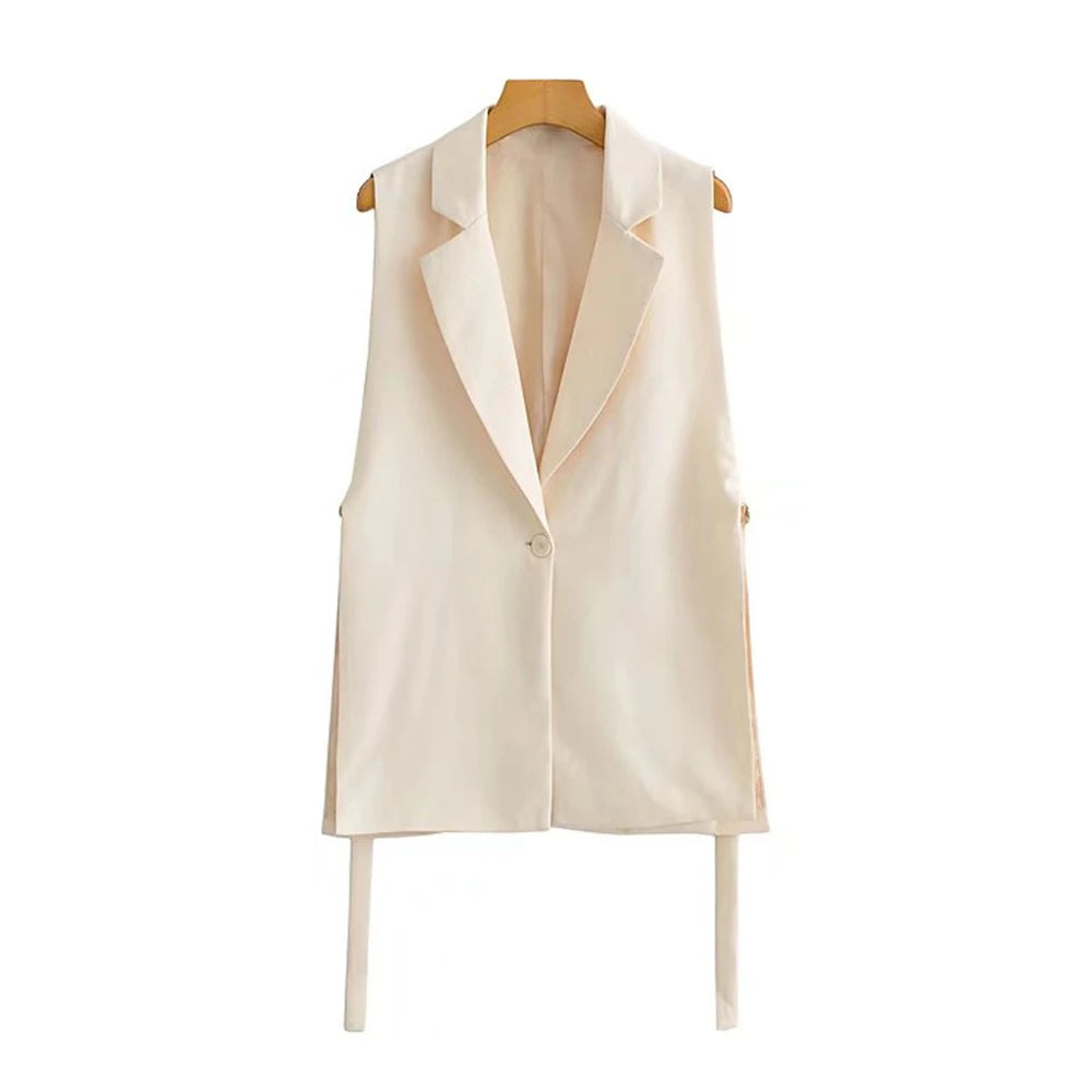 TRZA Women Fashion With Taps Side Vents Waistcoat Vintage Sleeveless Front Button Female Outerwear Chic Vest Tops